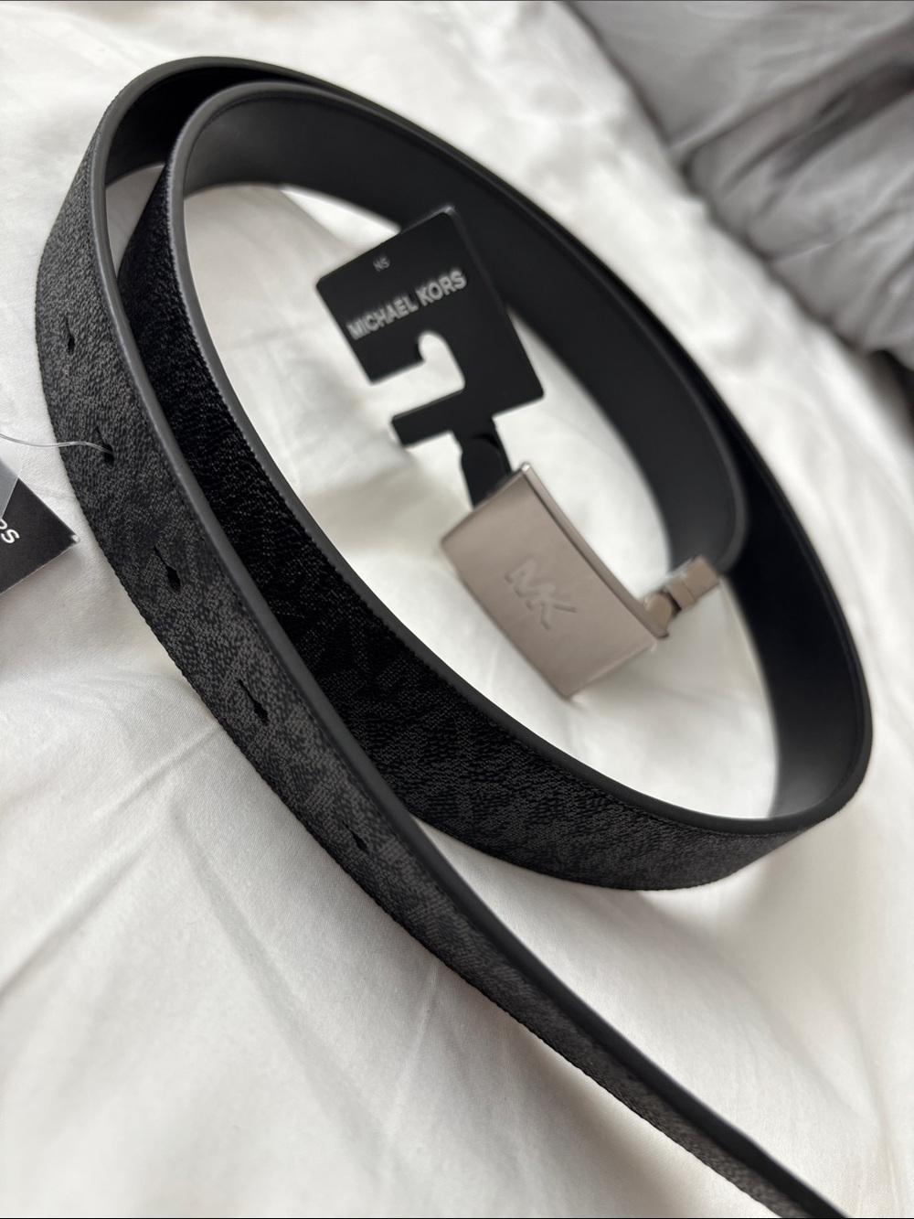 NWT Michael Kors 31MM Black Logo-Print Leather Belt with Silver Buckle